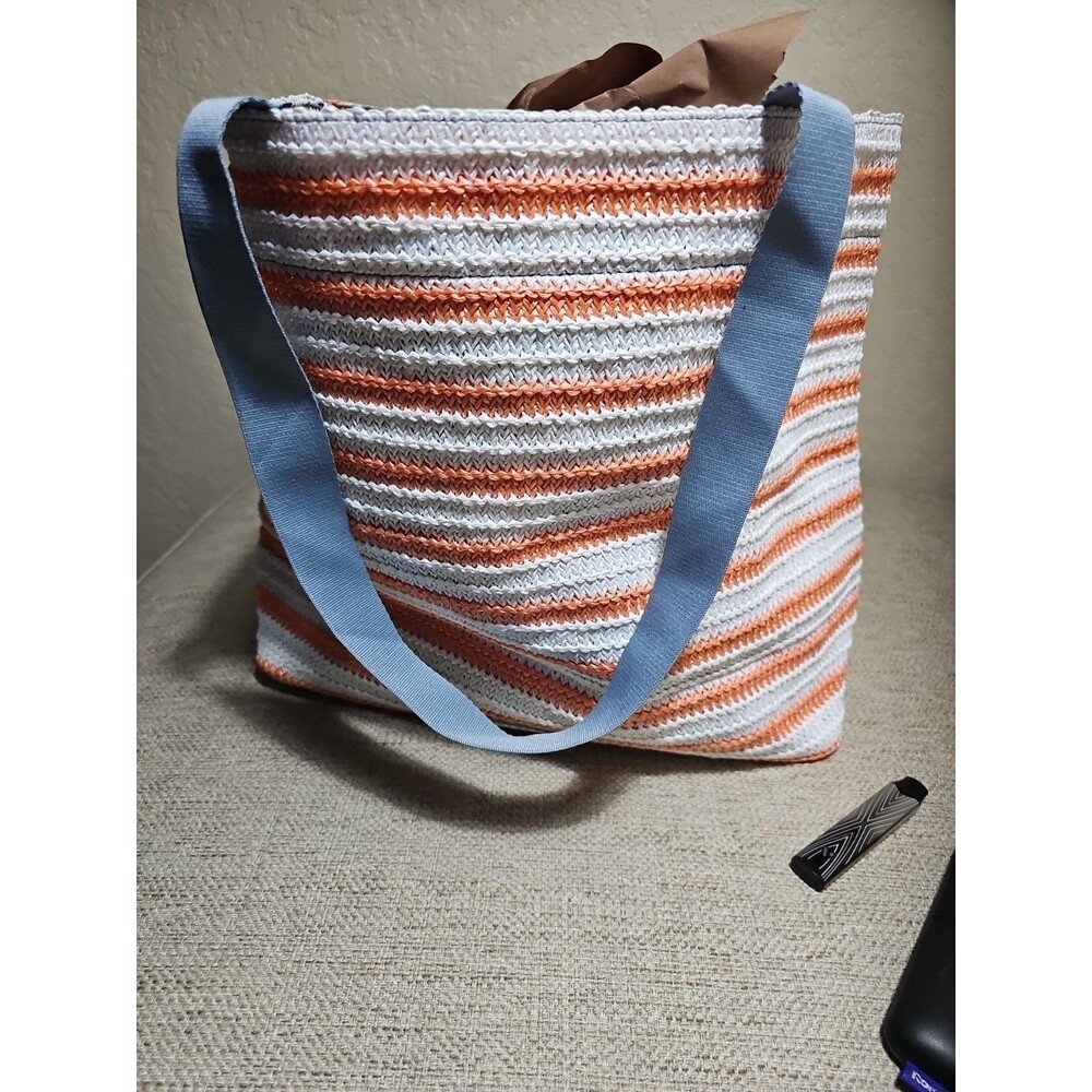 Vera Bradley Sunny Medallion Turtle  Orange Stripe Straw Tote Beach Bag NWOT - Picture 6 of 11